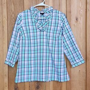 Talbots 3/4 Sleeve Ruffle V-neck Shirt, 2 Petite, Pink, Blue, & White Plaid